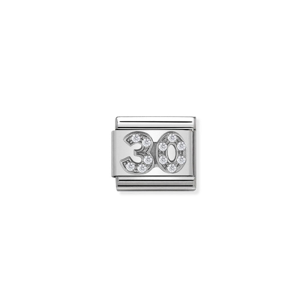 Niche Jewellery sterling silver charm with the number 30 encrusted with clear cubic zirconia stones.