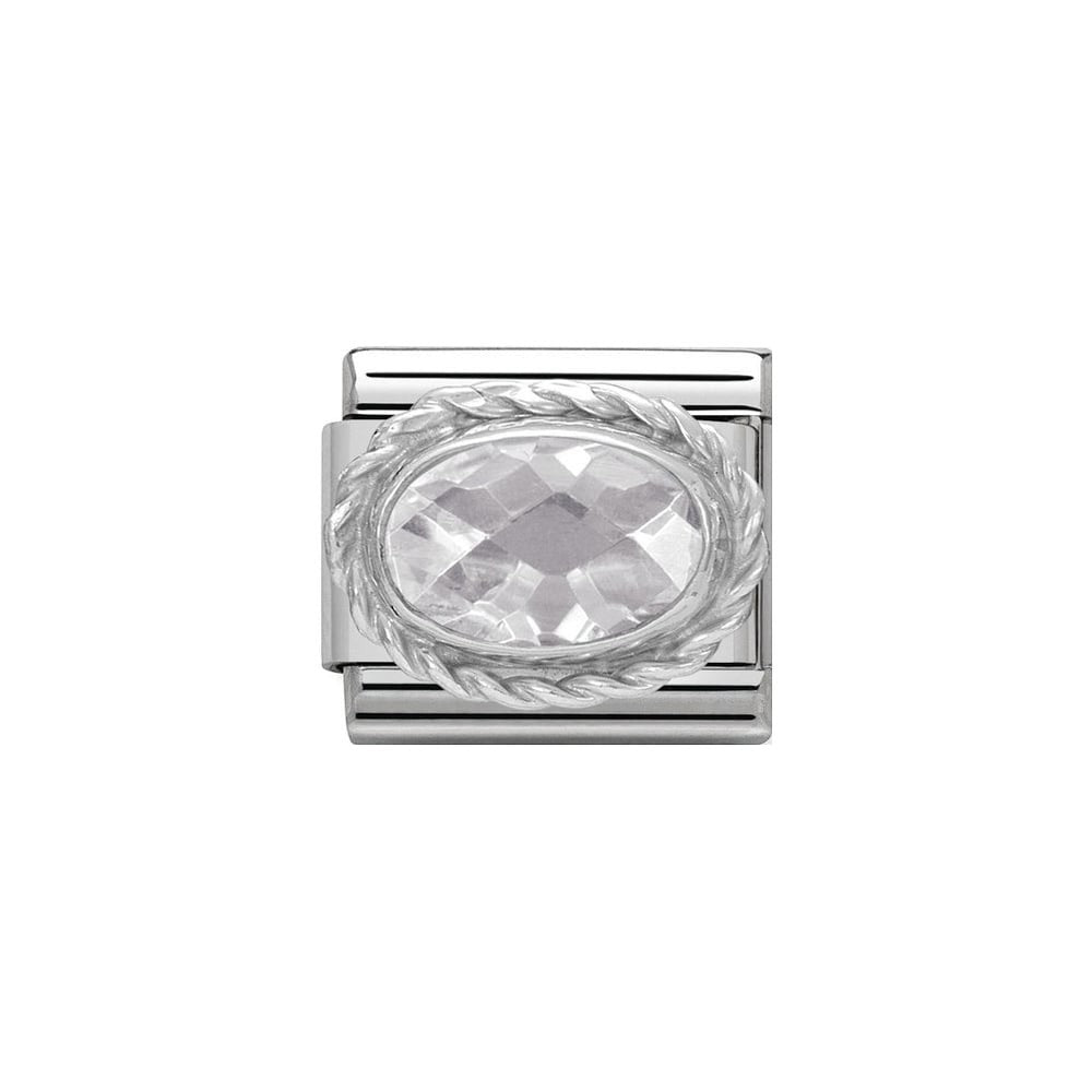 Niche Jewellery Nomination silver charm with white oval faceted zirconia stone and twisted border. Stainless steel.