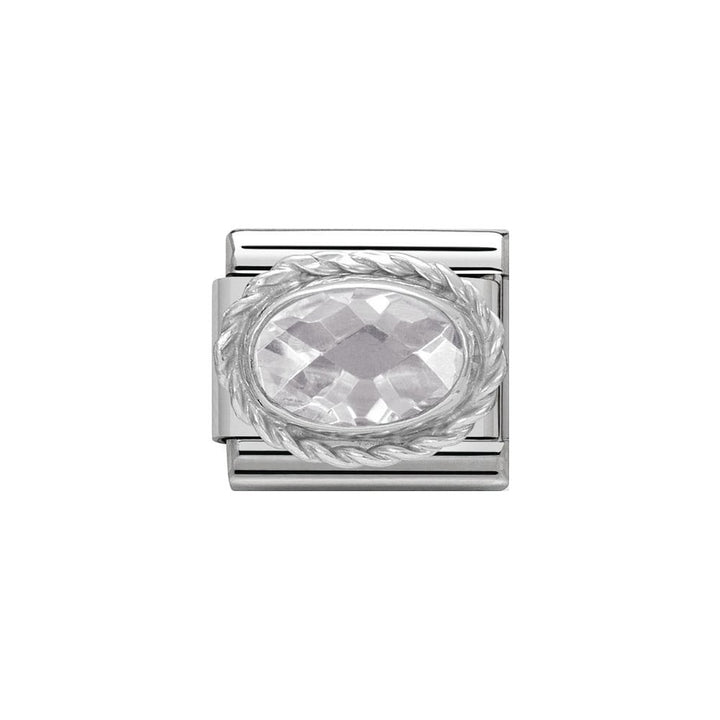 Niche Jewellery Nomination silver charm with white oval faceted zirconia stone and twisted border. Stainless steel.