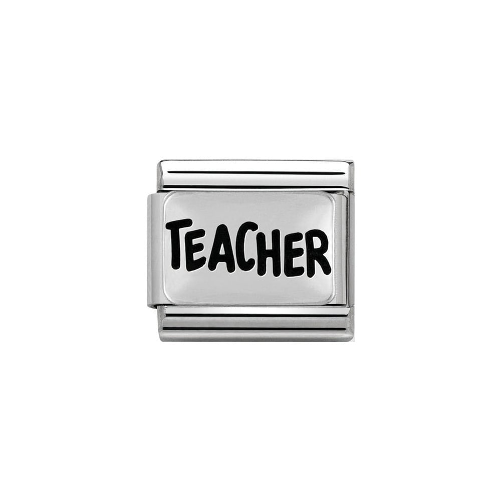 Niche Jewellery silver oxidised charm with 'Teacher' engraved in black, perfect for Nomination bracelets.