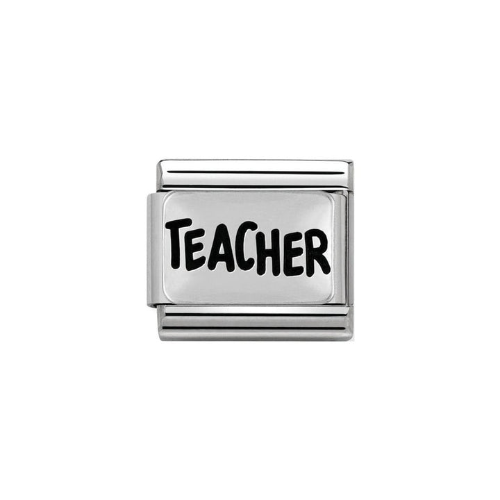 Niche Jewellery silver oxidised charm with 'Teacher' engraved in black, perfect for Nomination bracelets.