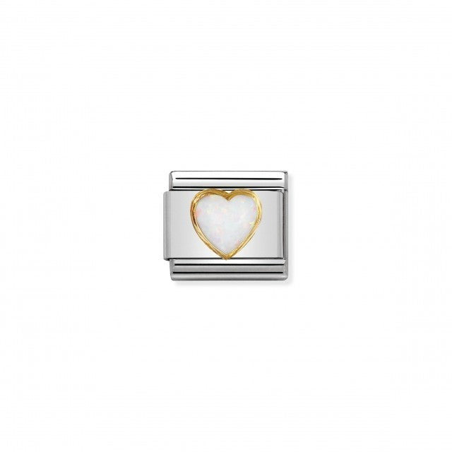 Niche Jewellery Nomination charm with a white opal heart set in 18k gold on a stainless steel base.