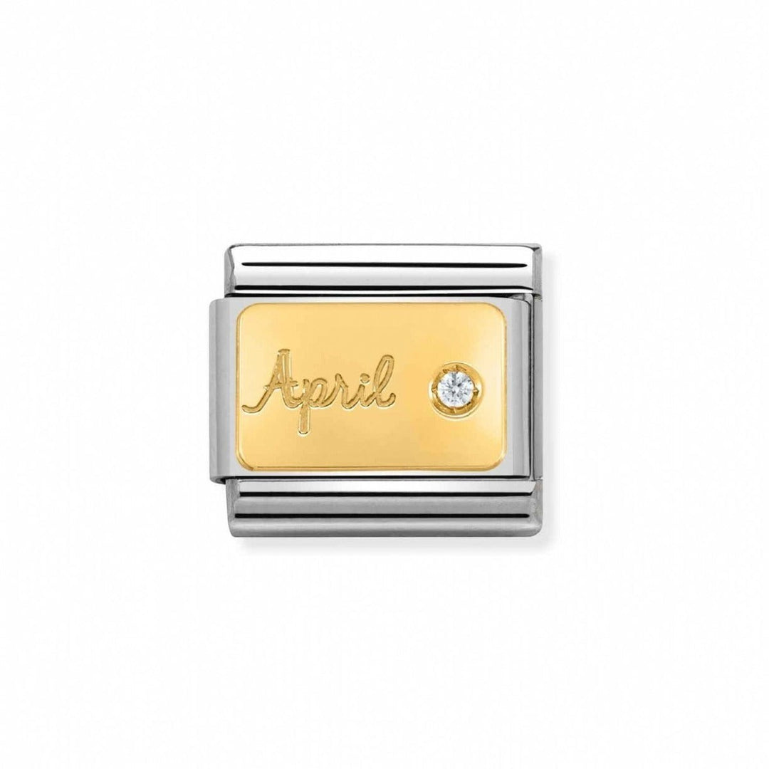 Niche Jewellery Nomination charm with 'April' in gold script and a small clear stone.