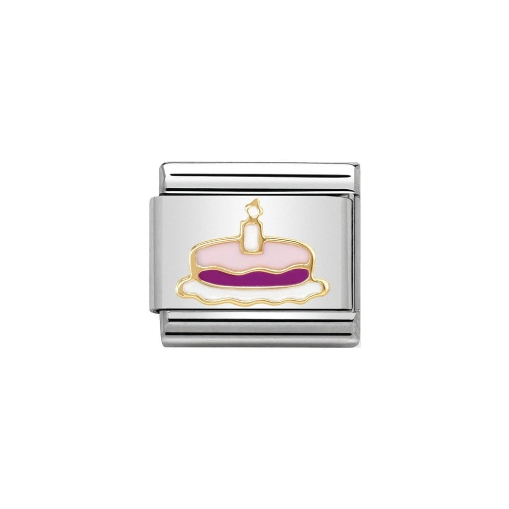 Niche Jewellery Nomination gold charm featuring a pink and purple birthday cake with a lit candle.