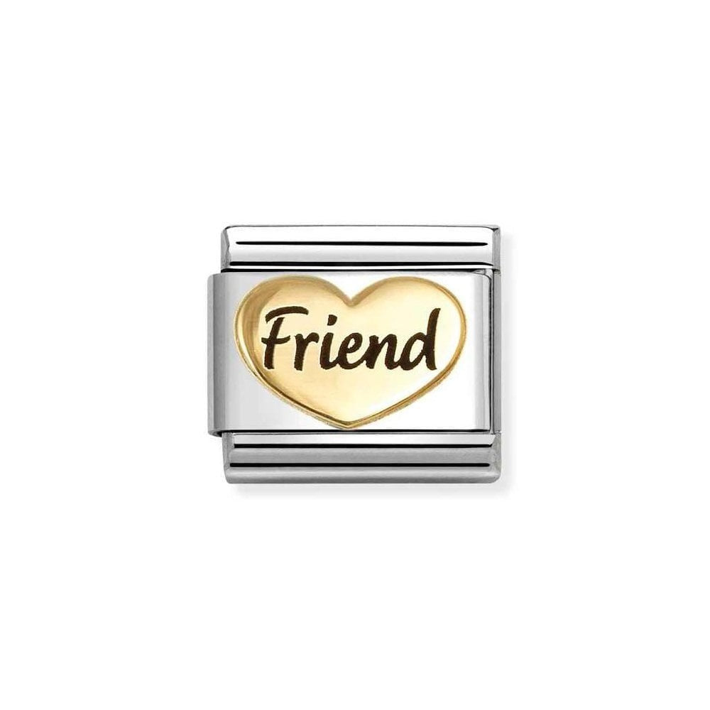 Niche Jewellery stainless steel and 18k gold charm with a heart shape and the word "Friend" in black enamel.