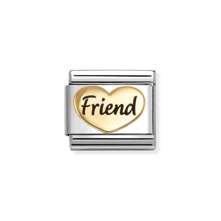 Niche Jewellery stainless steel and 18k gold charm with a heart shape and the word "Friend" in black enamel.