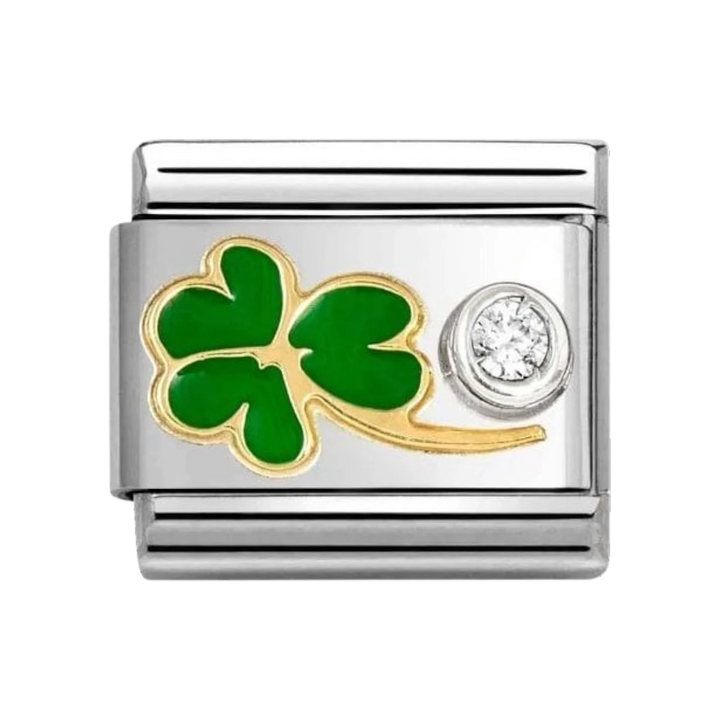 Nomination Gold Green Enamel Clover and Zirconia Charm