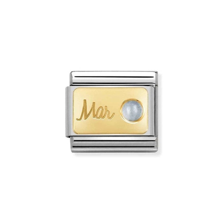 Niche Jewellery Nomination charm with 'Mar' in gold script and a pale blue aquamarine stone, 18k gold plated.