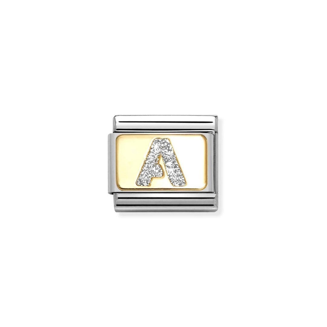 Niche Jewellery Nomination Classic Glitter Letter A Charm in gold with silver glitter detail and enamel.