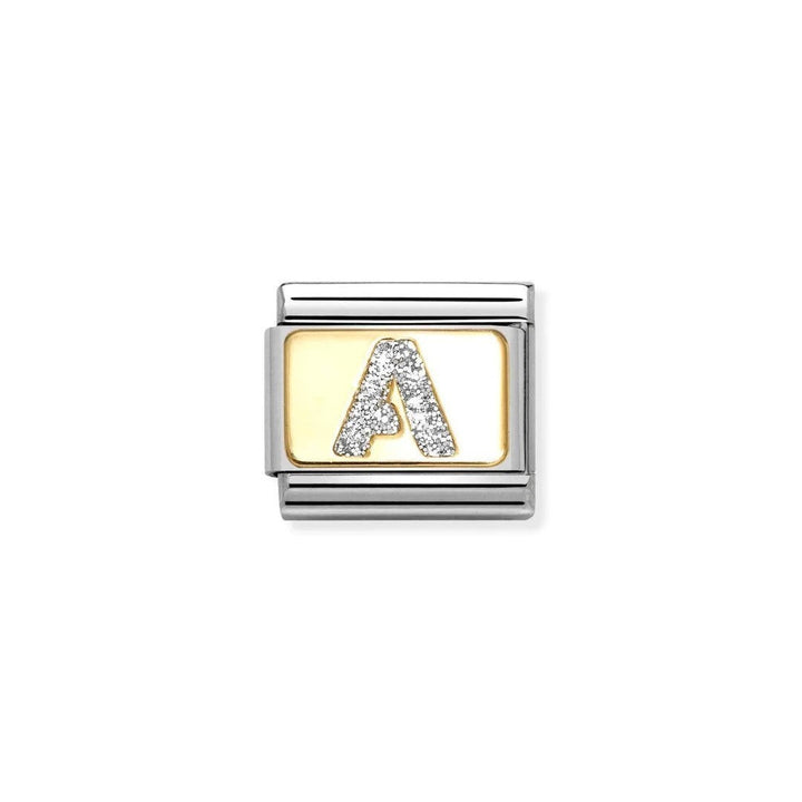 Niche Jewellery Nomination Classic Glitter Letter A Charm in gold with silver glitter detail and enamel.