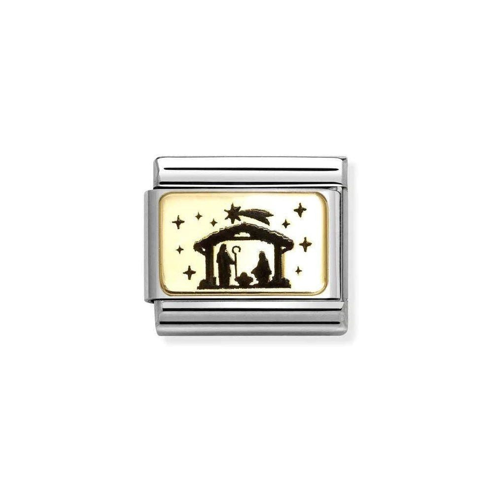 Niche Jewellery Nomination gold charm with black enamel nativity scene and stars. Classic charm bracelet link.