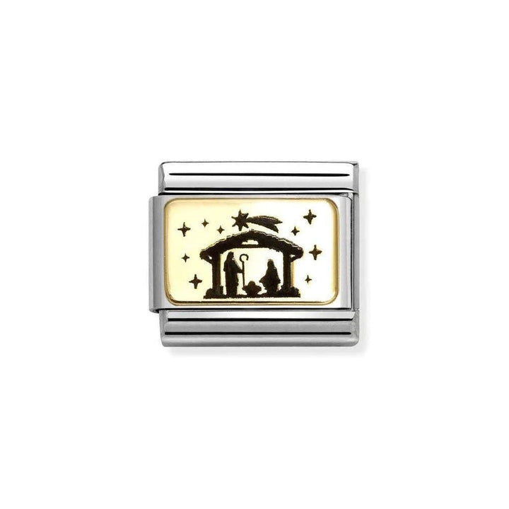 Niche Jewellery Nomination gold charm with black enamel nativity scene and stars. Classic charm bracelet link.