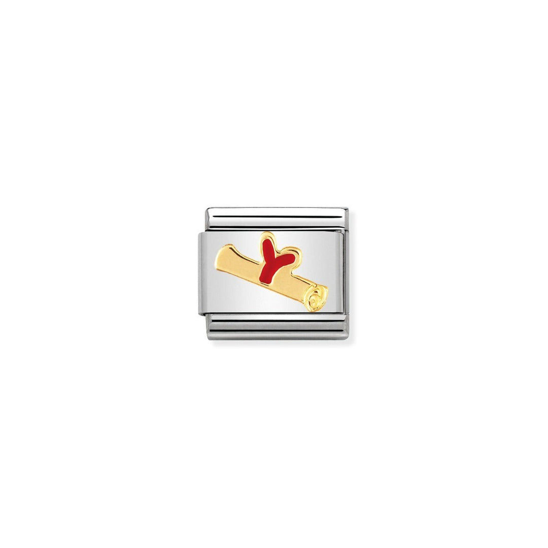 Niche Jewellery Nomination gold diploma charm with red enamel detail on a silver base, perfect for graduation.