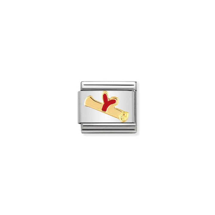 Niche Jewellery Nomination gold diploma charm with red enamel detail on a silver base, perfect for graduation.