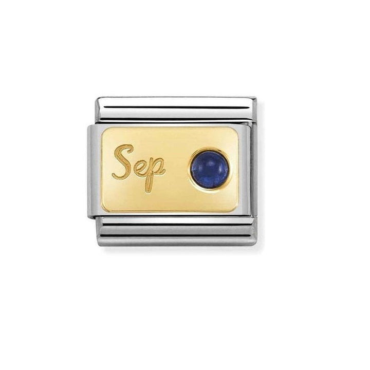 Niche Jewellery Nomination gold charm with 'Sep' engraving and a round blue sapphire, representing September birthstone.