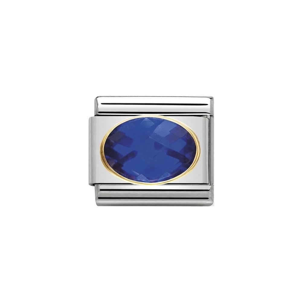 Niche Jewellery Nomination stainless steel charm with a dark blue oval faceted cubic zirconia stone set in gold.