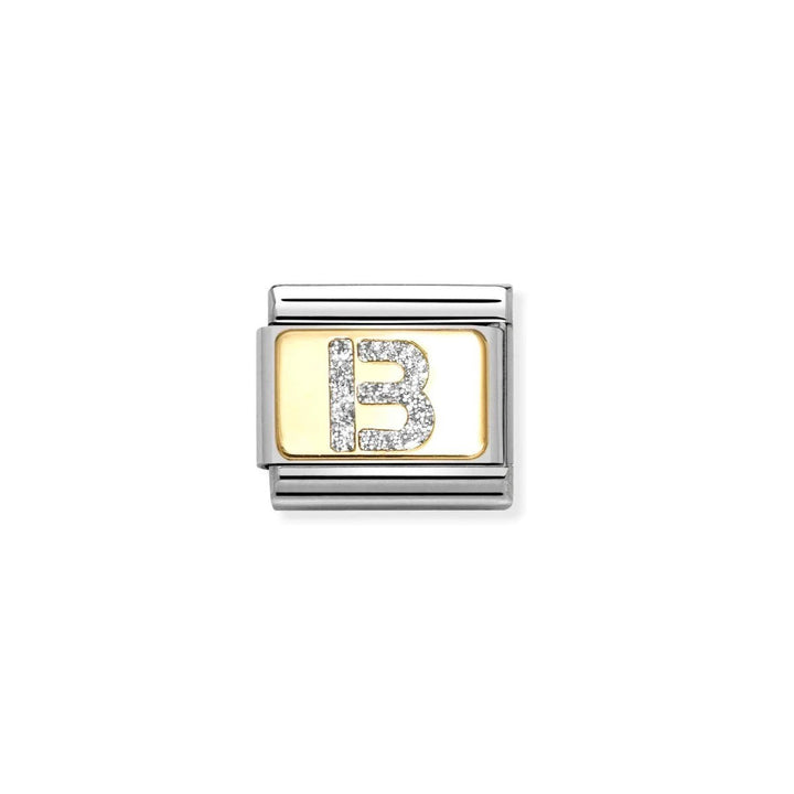 Niche Jewellery Nomination Classic Glitter Letter B Charm in gold and silver with cubic zirconia.