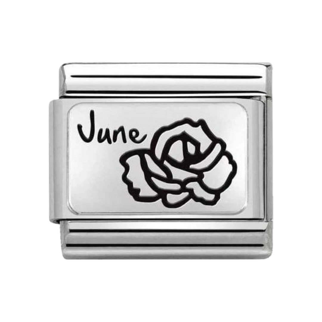 Niche Jewellery Nomination silver charm link with engraved rose and "June" text, representing the June birth flower.