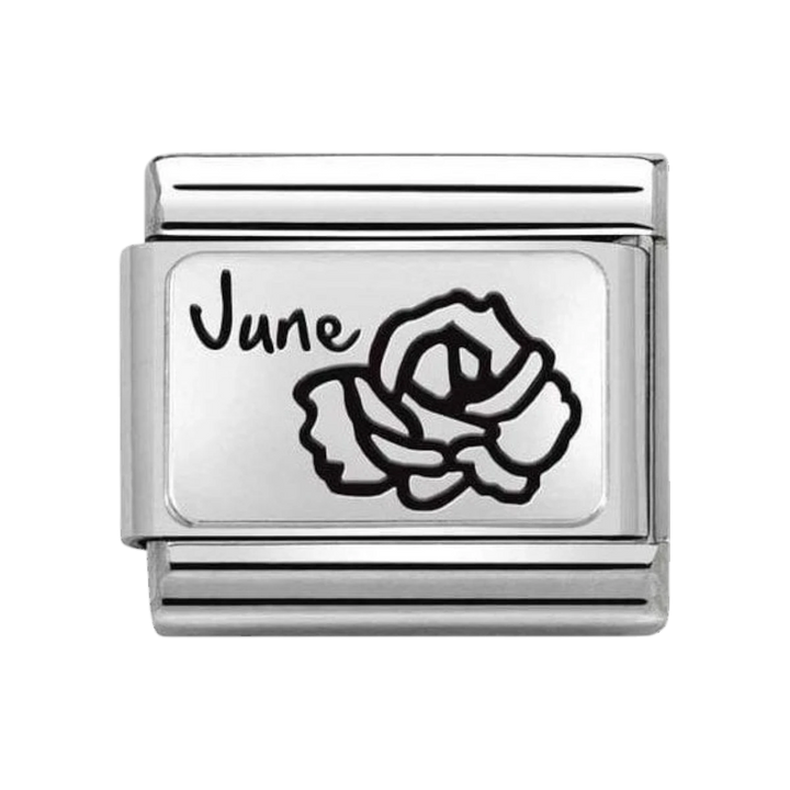 Niche Jewellery Nomination silver charm link with engraved rose and "June" text, representing the June birth flower.