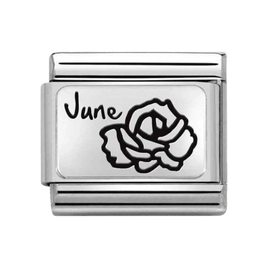 Niche Jewellery Nomination silver charm link with engraved rose and "June" text, representing the June birth flower.