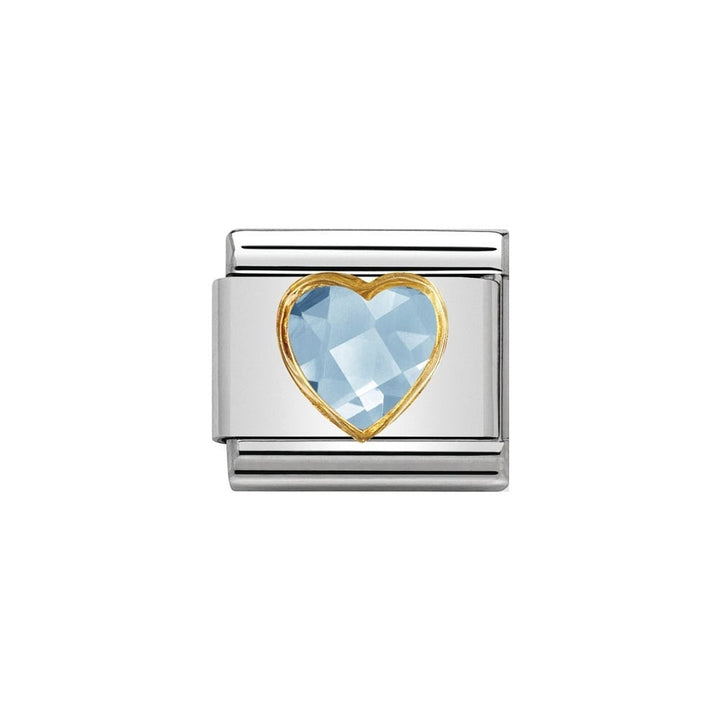 Niche Jewellery Nomination charm with a gold-rimmed, faceted light blue zirconia heart.