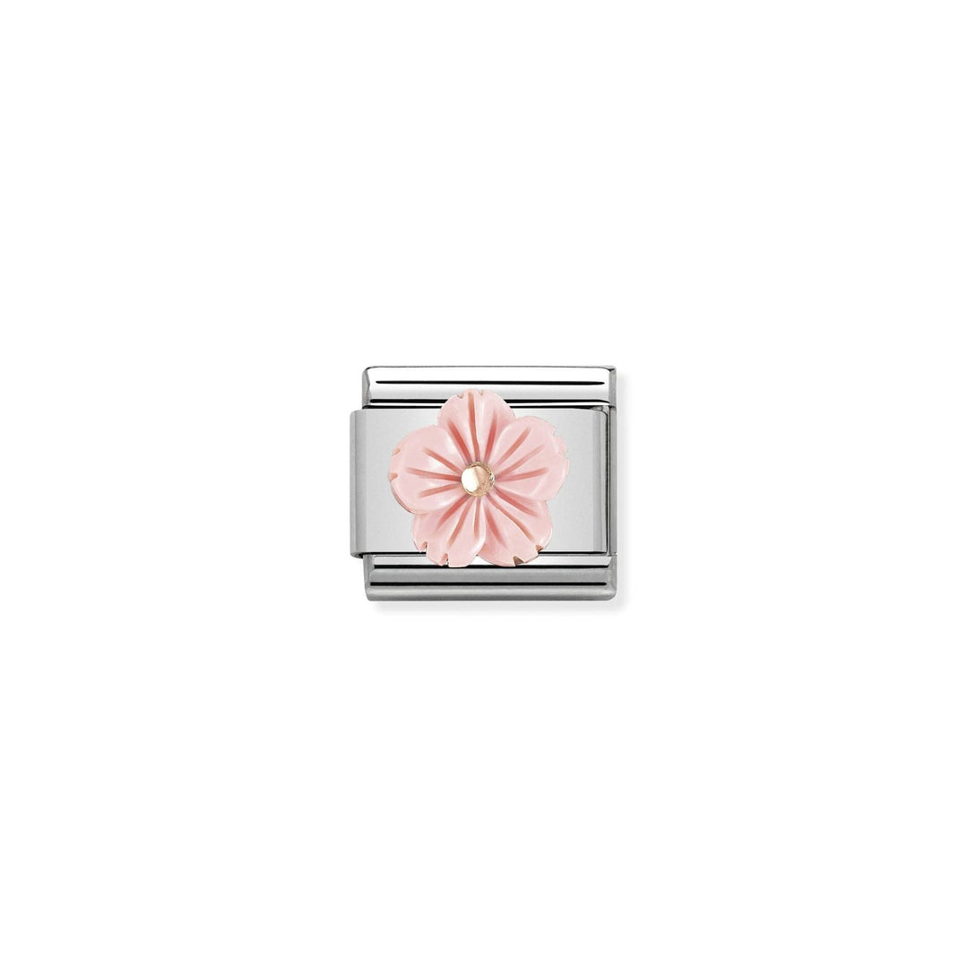 Niche Jewellery Nomination rose gold pink coral paste flower charm with 9k rose gold detailing.