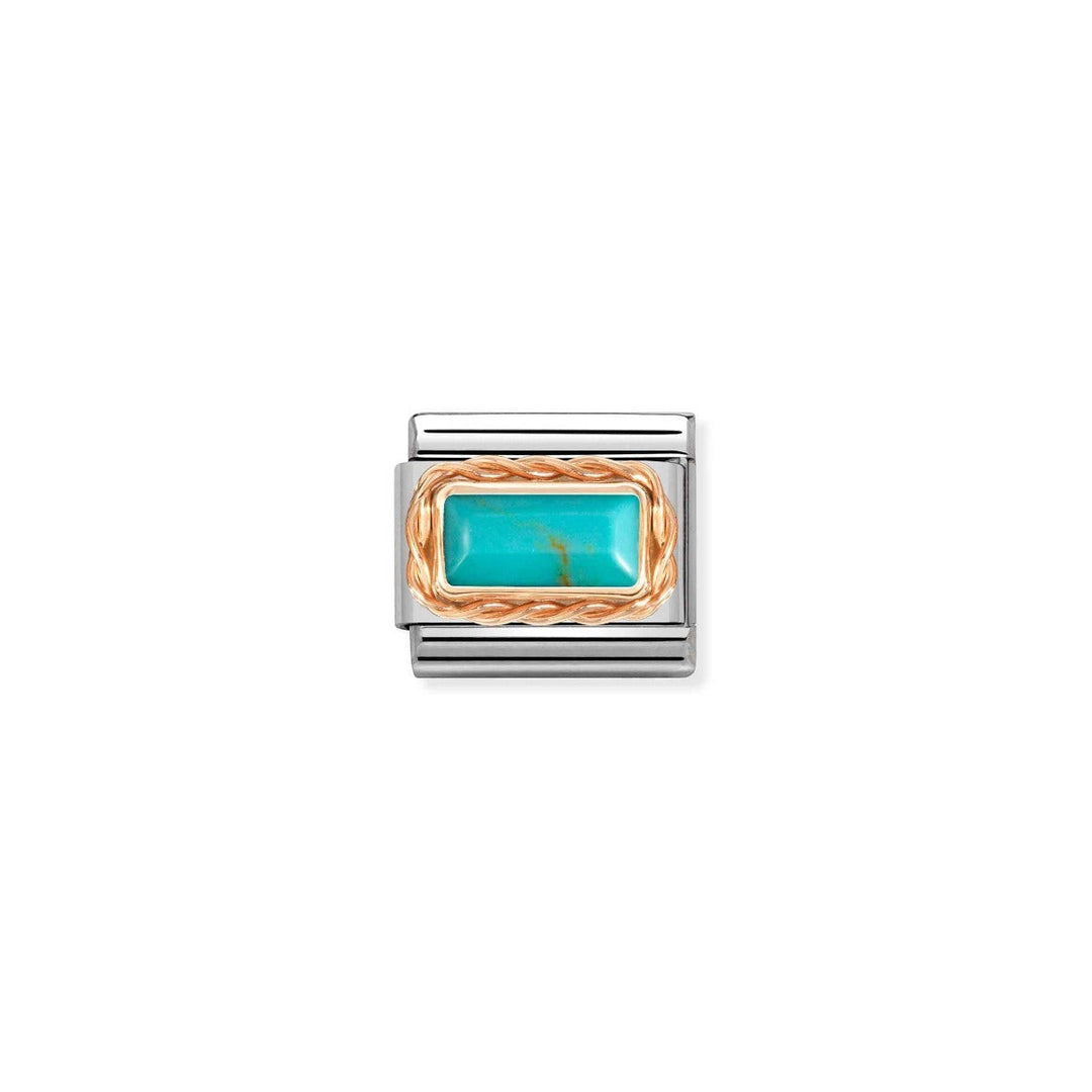Niche Jewellery Nomination rose gold charm with a faceted baguette turquoise stone and a twisted rope border.