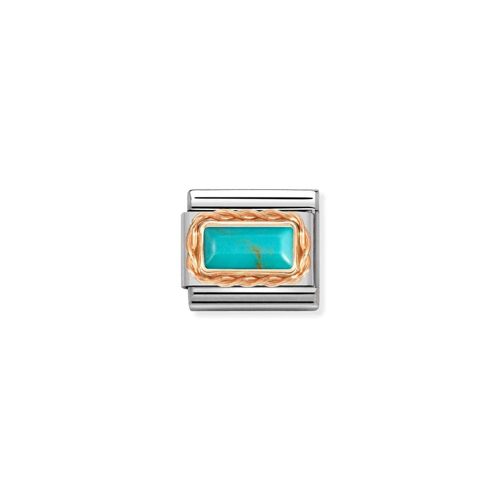 Niche Jewellery Nomination rose gold charm with a faceted baguette turquoise stone and a twisted rope border.