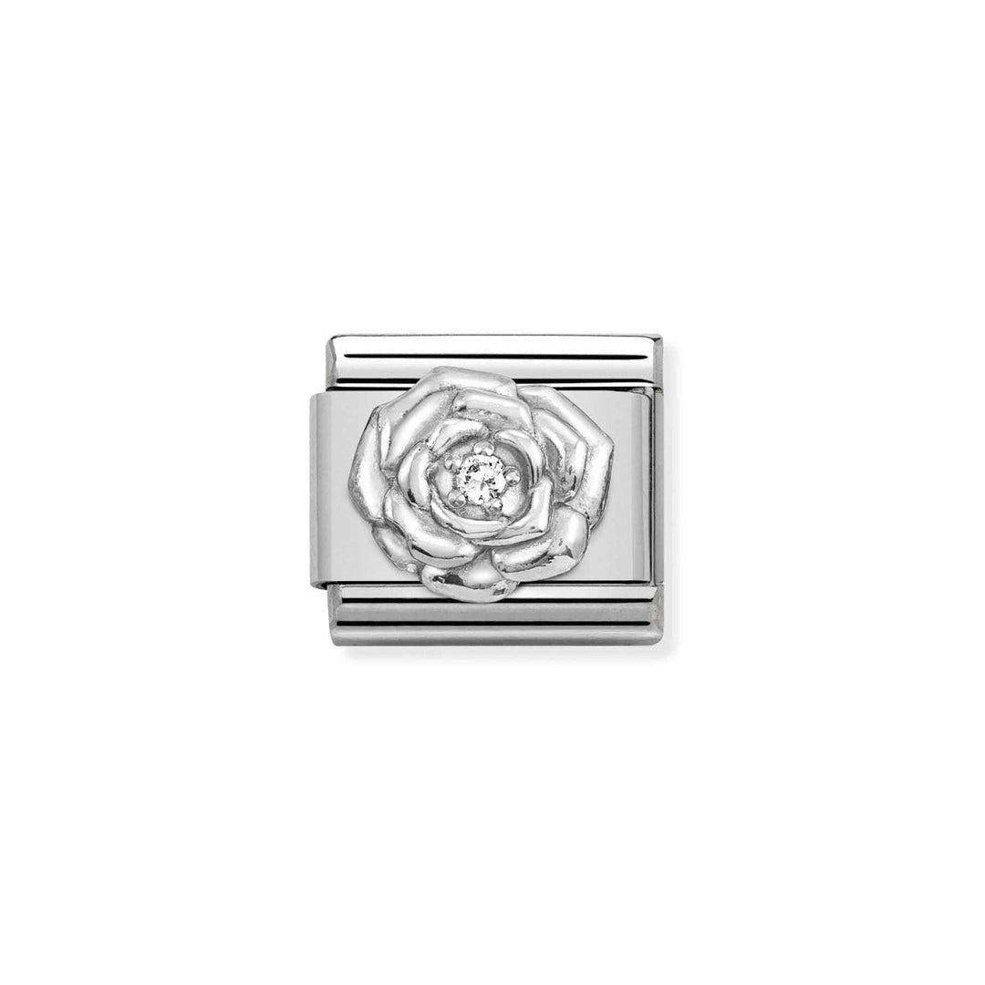 Nomination Classic silver charm with a rose design and a central zirconia stone.