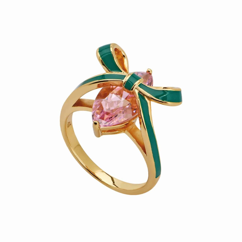 Bow Gold Ring Emerald Green Enamel Blush Pink