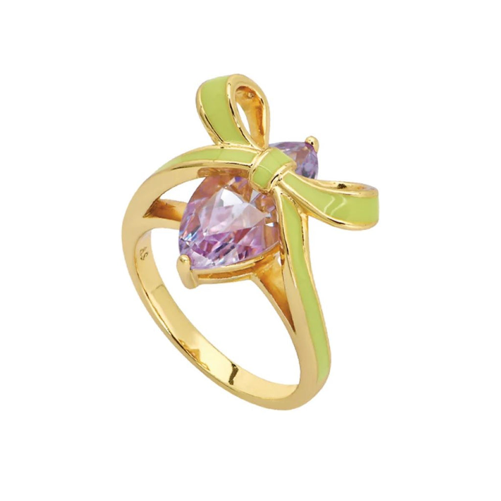 Bow Gold Ring Lime Green Enamel Lilac