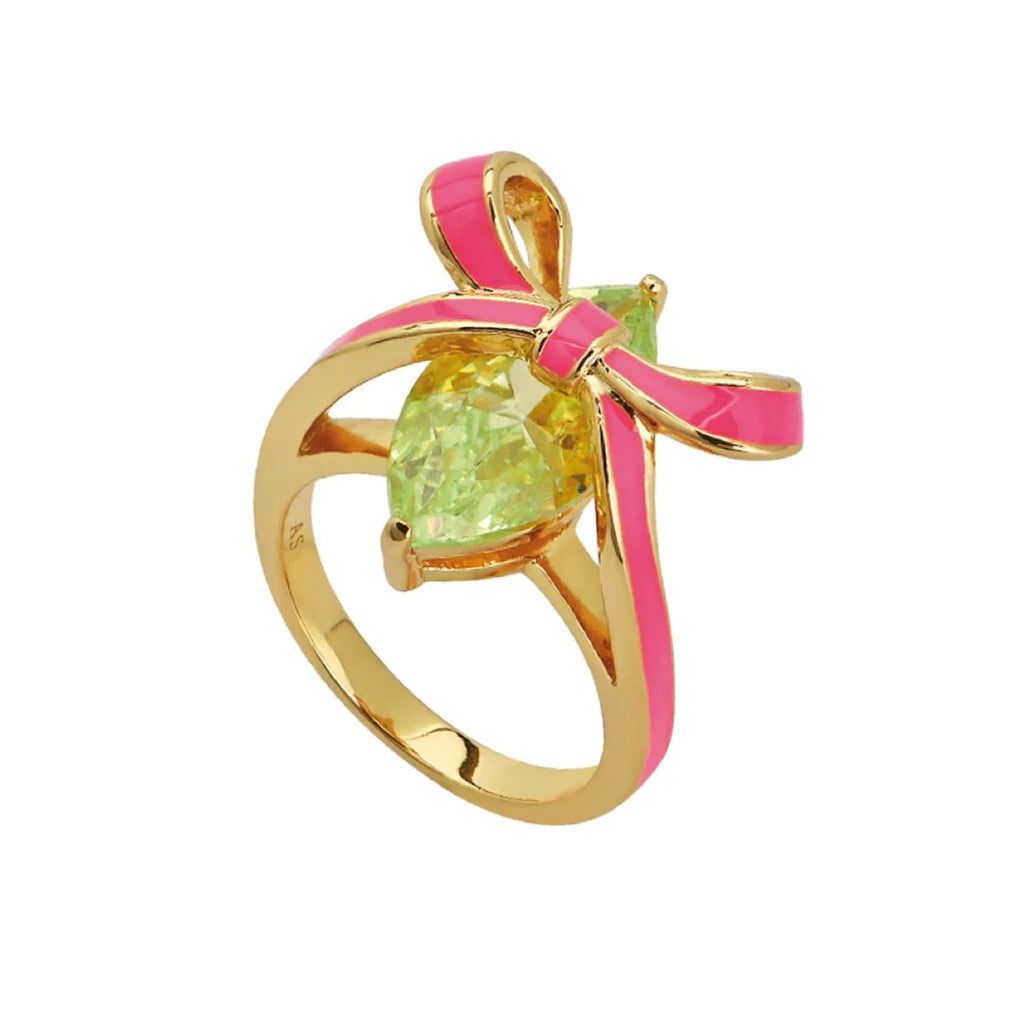 Bow Gold Ring Bright Pink Enamel Lime Green