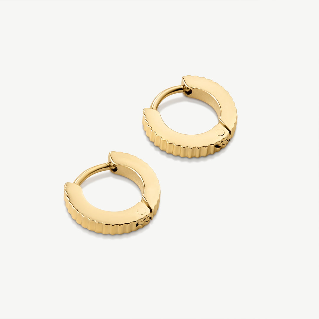 D.Louise Mini Pleat Gold Huggie Hoop Earrings close up
