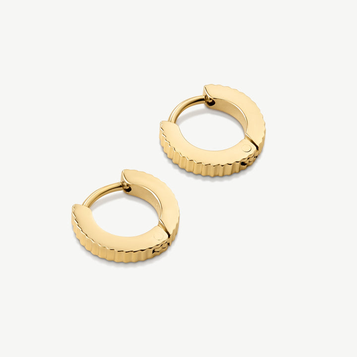 D.Louise Mini Pleat Gold Huggie Hoop Earrings close up