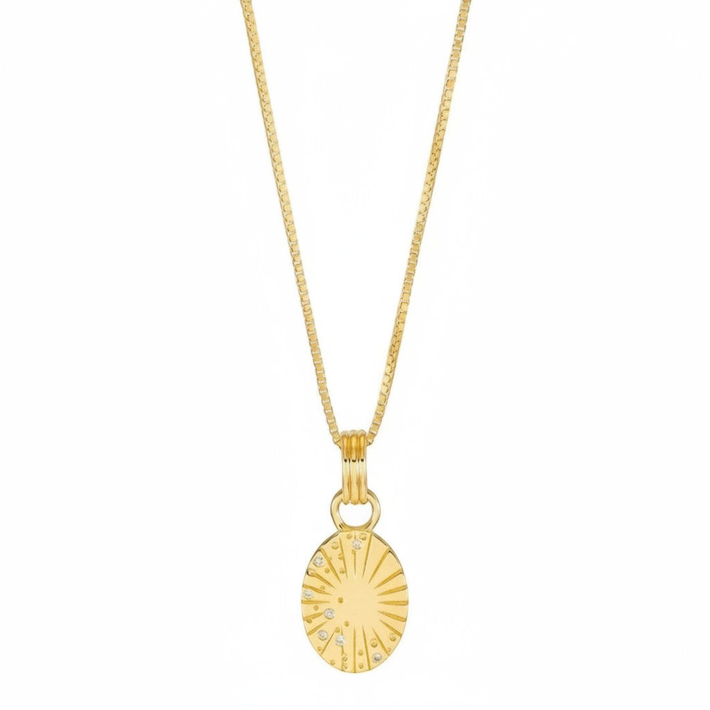 Rachel Jackson gold necklace with Art Deco sun pendant scattered with white sapphires on an adjustable box chain.