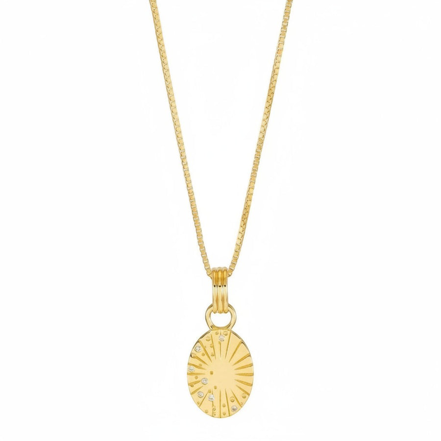 Rachel Jackson gold necklace with Art Deco sun pendant scattered with white sapphires on an adjustable box chain.