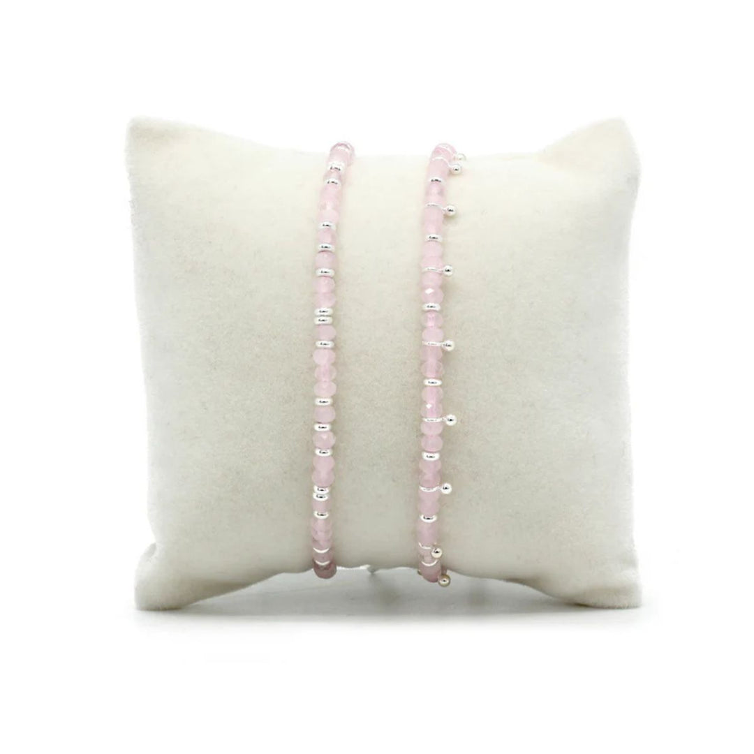 Boho Betty Harmony Rose Quartz Silver Slider Bracelet. Item code BRWRQSLVB.