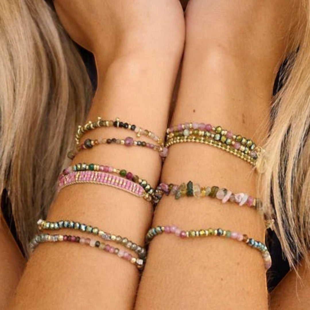Niche Jewellery Boho Betty Ardisia bracelet with tourmaline, malachite beads and gold accents. Adjustable slider.