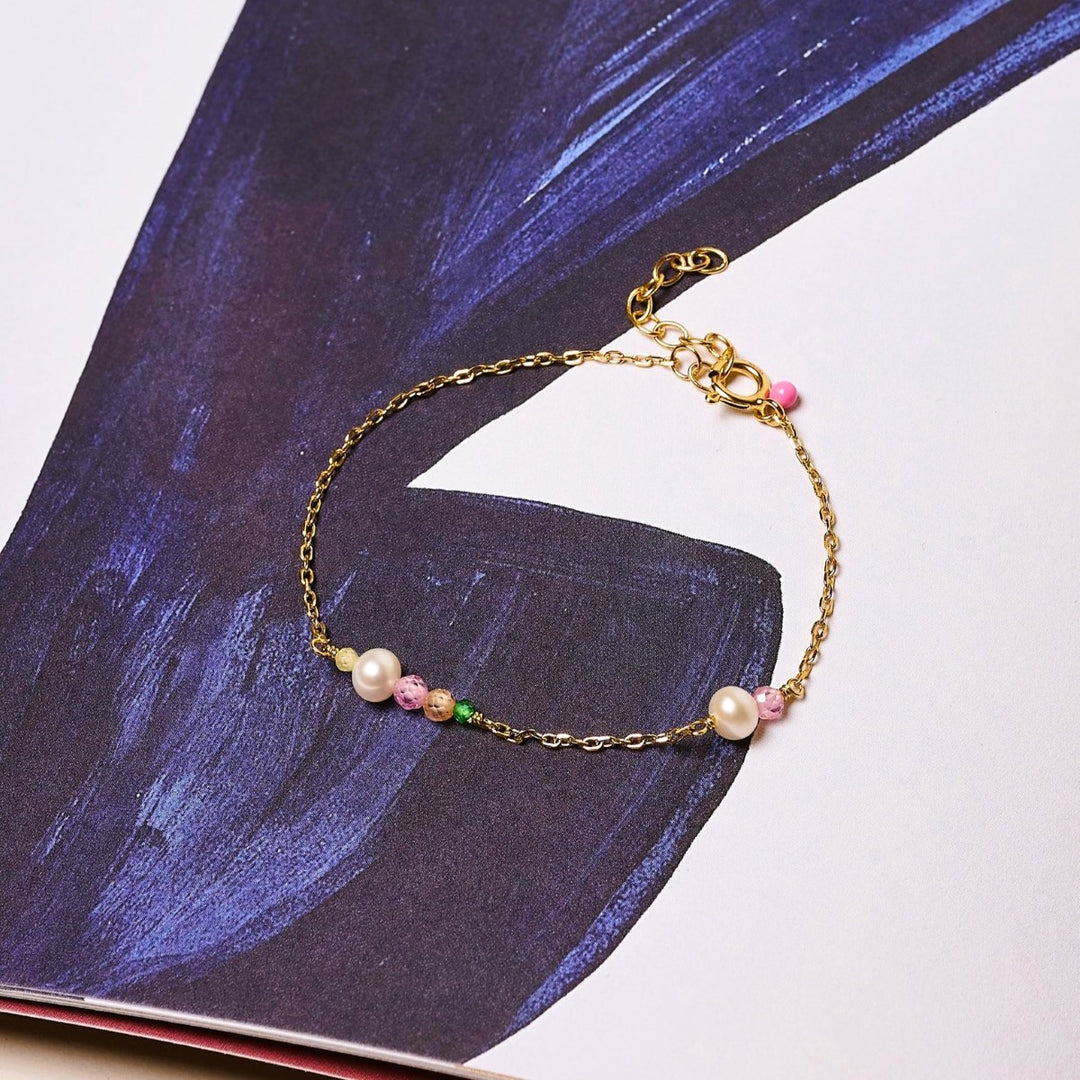 Enamel Copenhagen Sofia Peach and Green Pearl Gold Bracelet. Item code B136G.