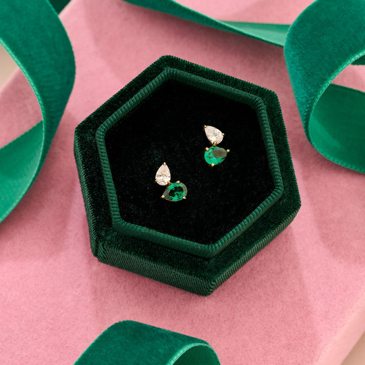 Amelia Scott Sofia Teardrop Gold Stud Earrings with Emerald Green and Clear Zirconia