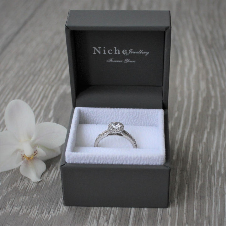 Brilliant Cut Halo Engagement Ring with Split Shank