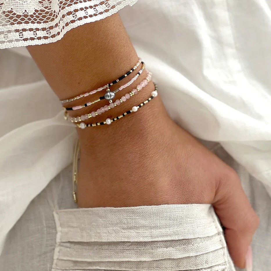 Boho Betty Mystical Rose Quartz Gold Slider Bracelet. Item code BRWMRQGDVB.