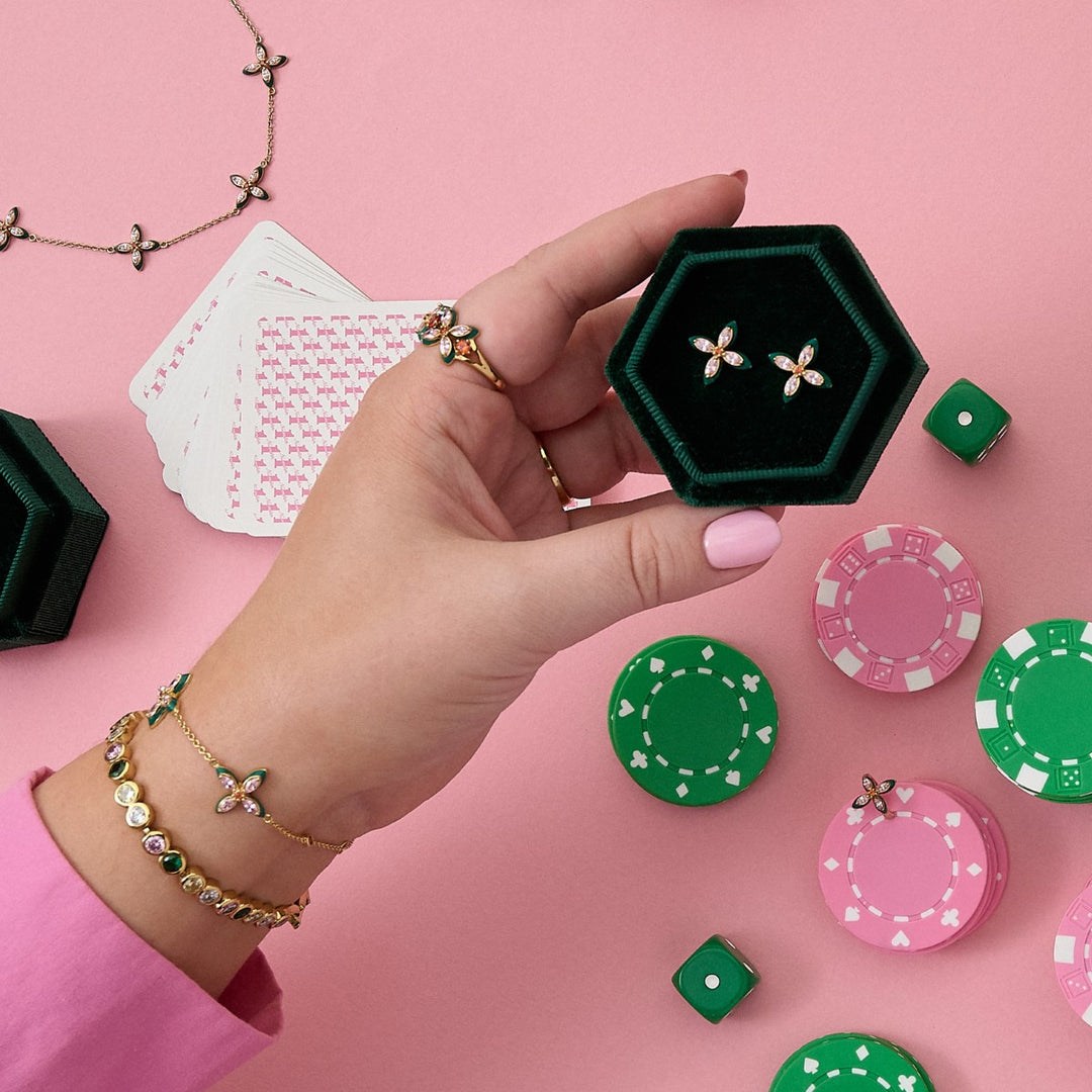 Amelia Scott Lucky Clover Gold Stud Earrings with Green Enamel and Blush Pink