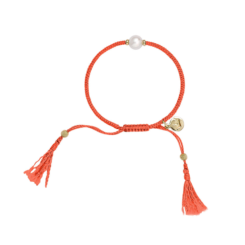 Jersey Pearl Coral Tassel Bracelet with Gold Detail