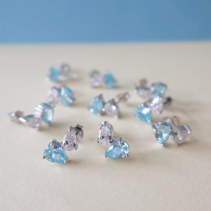 Amelia Scott Sofia Teardrop Silver Stud Earrings with Aquamarine and Clear Zirconia AS22TRE42