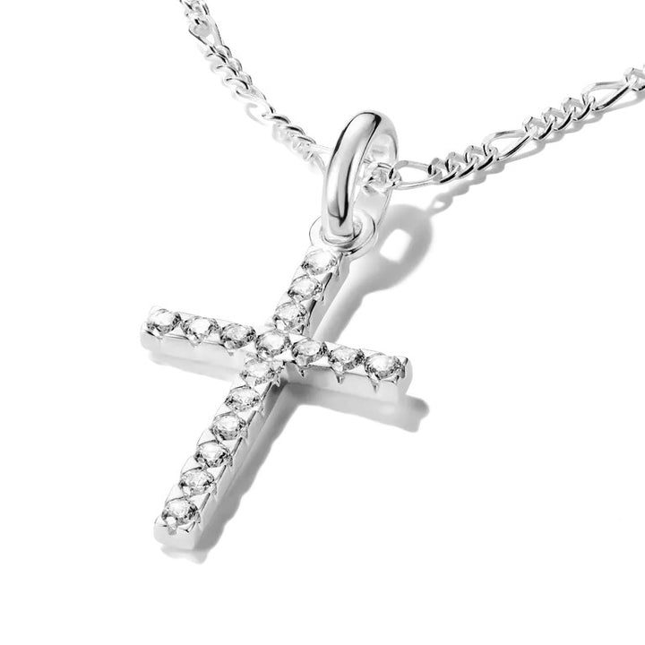 Thomas Sabo sterling silver cross pendant with white zirconia stones and a delicate eyelet, shown on a chain.