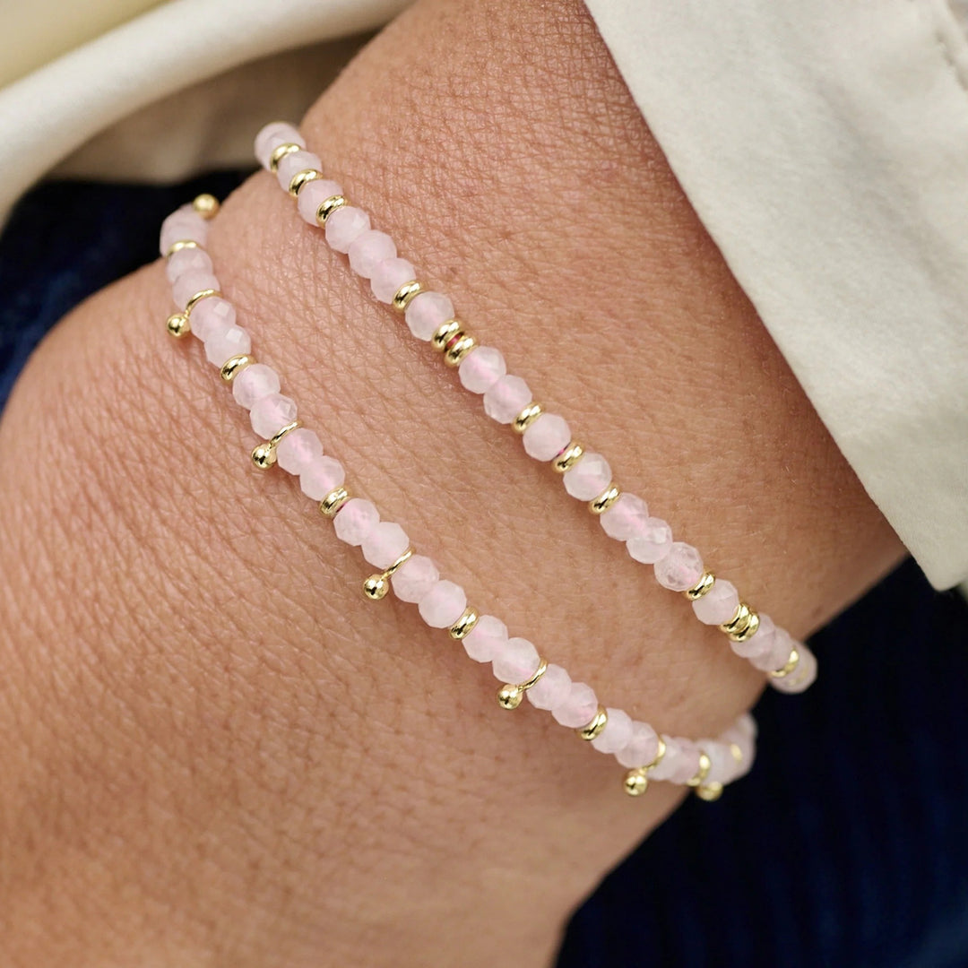 Boho Betty Harmony Rose Quartz Gold Slider Bracelet. Item code BRWRQGDVB.