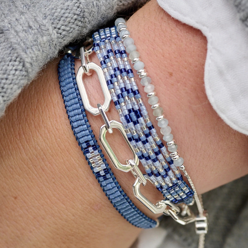 Boho Betty Mystical Aquamarine Silver Slider Bracelet. Item code BWMAQSLVB.