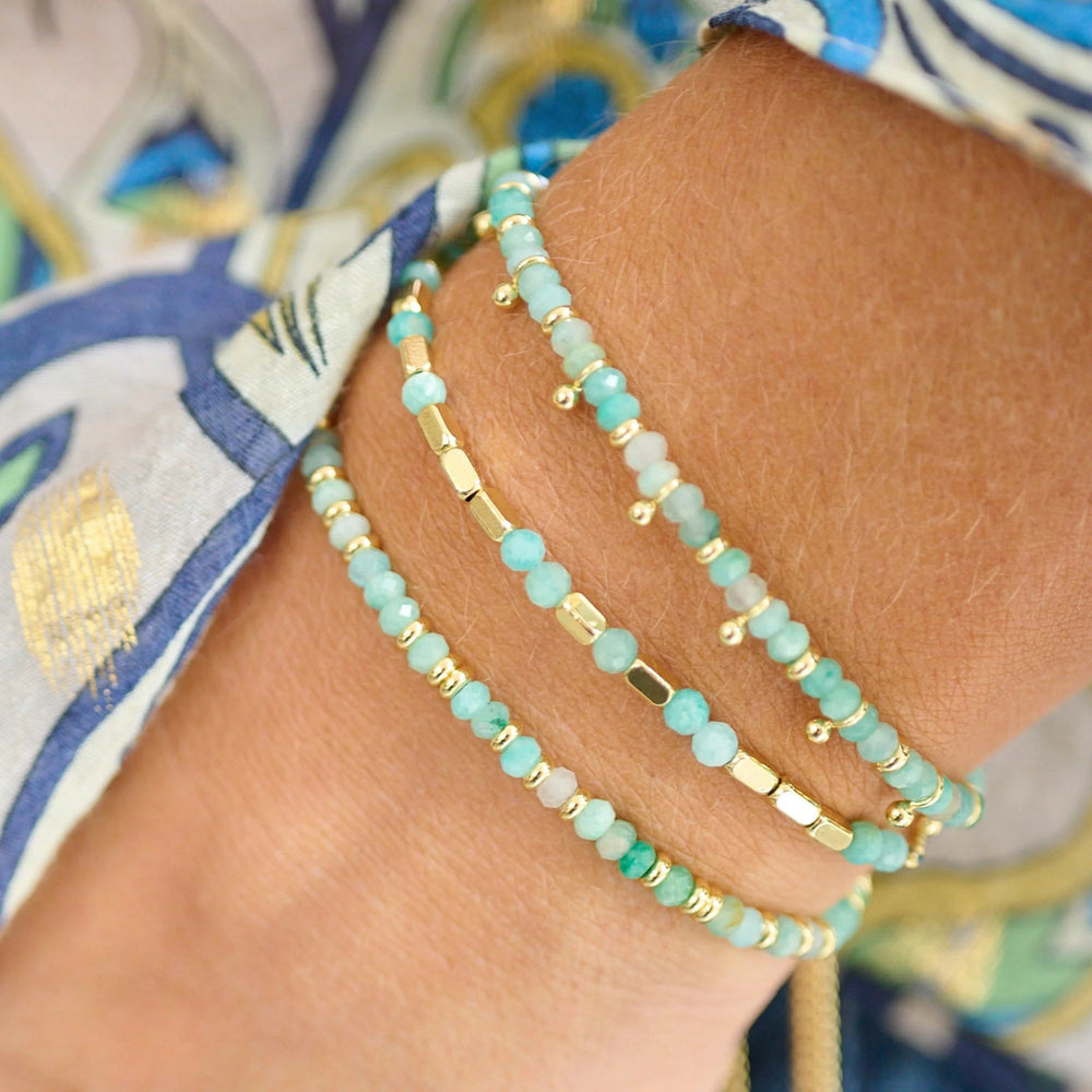 Boho Betty Mystical Amazonite Gold Slider Bracelet. Item code BRWMAMGDVB.