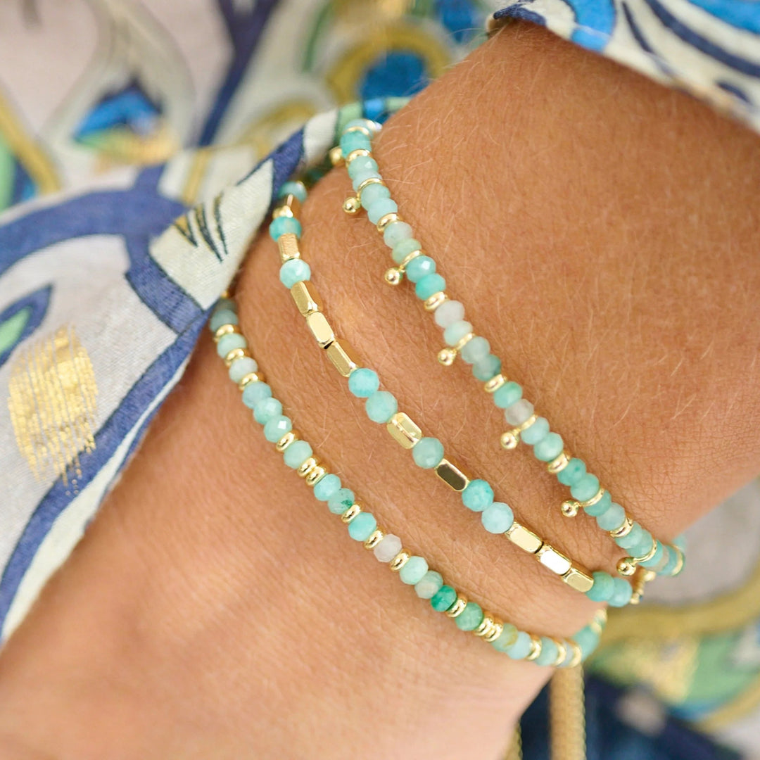 Boho Betty Mystical Amazonite Gold Slider Bracelet. Item code BRWMAMGDVB.